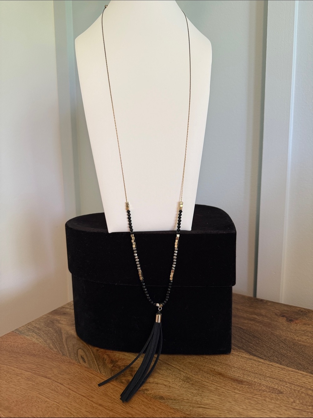 Black Beaded Tassel Long Necklace